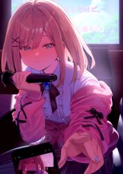 Rule 34 | 1girl, absurdres, black ribbon, blue eyes, blue gemstone, blue nails, blush, breasts, brown hair, cardigan, cellphone, center frills, closed mouth, collared shirt, fingernails, frilled shirt, frills, gem, hair ornament, hairclip, highres, holding, holding microphone, indoors, jewelry, karaoke, karaoke box, leaning forward, long sleeves, looking at viewer, medium hair, microphone, nail polish, nijisanji, phone, pink cardigan, pink nails, pink ribbon, purple skirt, ribbon, ring, shirt, skirt, smartphone, striped clothes, striped ribbon, striped skirt, suzuhara lulu, suzuhara lulu (1st costume), virtual youtuber, white shirt, zyaki