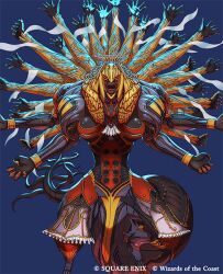 1girl blue_background claws copyright_notice extra_arms extra_tails final_fantasy final_fantasy_xiii ikeda_(cpt) magic:_the_gathering monster official_art open_mouth outstretched_arms ragnarok_(ff13) sharp_teeth teeth