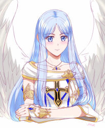 1girl ancient_ys_vanished angel_wings blue_eyes blue_hair breasts jewelry long_hair long_sidelocks looking_at_viewer medium_breasts parted_bangs pendant portrait reah_(ys) sidelocks simple_background solo upper_body white_background wings xiacheng_tatsuya ys