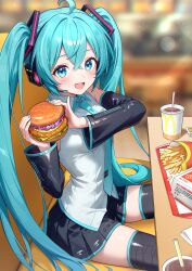 1girl absurdres aqua_eyes aqua_hair aqua_nails aqua_necktie aviary black_sleeves blurry blurry_background blush burger detached_sleeves food hair_ornament hatsune_miku headphones headset highres holding holding_food long_hair looking_at_viewer mcdonald&#039;s necktie number_tattoo open_mouth shirt sitting skirt smile solo spring_onion tattoo thighhighs twintails very_long_hair vocaloid