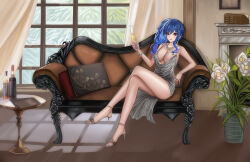 1girl azur_lane bare_shoulders blue_hair blue_nails breasts cleavage commentary couch crossed_legs diaoao_bugaoxing dress english_commentary evening_gown flower glitter_dress halter_dress halterneck high_heel_sandals highres indoors jewelry large_breasts long_hair looking_at_viewer necklace official_alternate_costume on_couch pillow plant plunging_neckline potted_plant revealing_clothes round_table sandals side_ponytail silver_dress silver_sandals sitting sleeveless sleeveless_dress solo st._louis_(azur_lane) st._louis_(luxurious_wheels)_(azur_lane) table white_flower window
