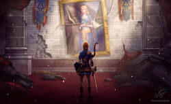 1boy 1girl arrow_(projectile) blonde_hair blue_dress blue_eyes bow_(weapon) breasts champion&#039;s_tunic_(zelda) column commentary dress earrings english_commentary flower from_behind gloves holding holding_flower holding_sword holding_weapon jewelry lily_(flower) link lips long_hair master_sword medium_breasts nintendo nose pillar pointy_ears portrait_(object) princess_zelda quiver ruins shield shield_on_back signature solo standing sword the_legend_of_zelda the_legend_of_zelda:_breath_of_the_wild tommy_worthington triforce tunic weapon wide_sleeves