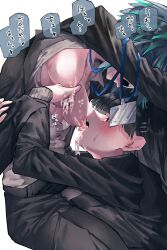 2girls absurdres black_hair black_jacket blue_archive blue_hair blush commentary_request female_sensei_(blue_archive) green_hair highres id_card jacket lactation lanyard licking licking_nipple long_hair medium_hair multicolored_hair multiple_girls nipple_stimulation nipple_tweak open_clothes open_jacket open_mouth open_shirt red_eyes rio_(blue_archive) sensei_(blue_archive) shirt simple_background speech_bubble streaked_hair sweat tongue tongue_out translation_request vivo_(vivo_sun_0222) white_background white_shirt yuri