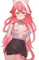 1girl animal_ears black_shirt breasts center_opening closed_mouth commentary hair_intakes high-waist_skirt highres hololive hololive_english large_breasts long_hair looking_at_viewer multicolored_hair panther_ears panther_girl panther_tail pencil_skirt pink_hair raora_panthera shirt short_sleeves simple_background skirt solo streaked_hair szuukie tail thighs two-tone_hair virtual_youtuber white_background white_hair white_shirt yellow_eyes