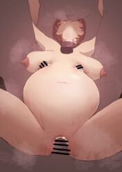 1girl 4boys absurdres bar_censor big_belly blurry blush bound bound_arms breasts brown_eyes brown_hair censored closed_eyes closed_mouth commission cowbell cum cum_in_pussy cum_on_body cum_on_breasts cum_on_upper_body deepthroat depth_of_field fellatio foreshortening gang_rape group_sex head_back hetero highres idolmaster idolmaster_cinderella_girls impregnation large_breasts missionary multiple_boys multiple_pregnancy nipples nude oikawa_shizuku oral out_of_frame penis pixiv_commission pov pregnant pussy rape restrained sex short_hair solo_focus spread_legs tomawarinosuizou underboob_paizuri vaginal very_short_hair