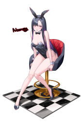 1girl alternate_costume animal_ears artist_name bar_stool black_hair black_leotard bow bowtie breasts checkered_floor collarbone colored_inner_hair commentary detached_collar english_commentary eunhwa_(nikke) forehead full_body goddess_of_victory:_nikke high_heels highres leotard long_hair medium_breasts mole mole_under_mouth multicolored_hair noorung parted_bangs parted_lips playboy_bunny purple_eyes purple_hair rabbit_ears side_part simple_background sitting solo stool tile_floor tiles white_background wing_collar wrist_cuffs