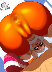 1girl all_fours ass ass_focus bike_shorts cameltoe dutch_angle female_focus helloguish highres inkling inkling_girl inkling_player_character loli nintendo open_mouth orange_eyes orange_shorts partially_visible_anus shirt shorts splatoon_(series) tagme tentacle_hair wooden_floor