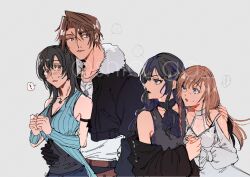 1boy 3girls arm_around_shoulder arm_around_waist black_gloves black_hair blush brown_hair couple detached_sleeves dress final_fantasy final_fantasy_viii final_fantasy_xiv fur_trim gaia_(ff14) gloves highres holding_hands in-franchise_crossover multiple_girls rinoa_heartilly ryne_waters scar scar_on_face shio_ga squall_leonhart upper_body yuri