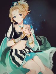 1girl absurdres alternate_costume blonde_hair blue_eyes breasts cape closed_mouth crop_top dissidia_final_fantasy earrings female_focus final_fantasy final_fantasy_vi highres jewelry looking_at_viewer midriff miniskirt navel necklace official_alternate_costume pauldrons ponytail short_hair short_sleeves shoulder_armor single_pauldron skirt solo striped tina_branford vertical_stripes wristband yawai_tofu