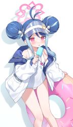 1girl :o absurdres antenna_hair aqua_hair bare_shoulders blue_archive blue_hair blush covered_navel donut_innertube double_bun drop_shadow eyebrows_hidden_by_hair feet_out_of_frame food fubuki_(blue_archive) fubuki_(swimsuit)_(blue_archive) hair_bun halo hand_up hat_ornament heart heart_hat_ornament highres holding holding_food holding_popsicle jacket loli long_hair looking_at_viewer miyayoki multicolored_hair official_alternate_costume official_alternate_hairstyle one-piece_swimsuit open_clothes open_jacket open_mouth pink_halo popsicle red_eyes school_swimsuit sidelocks simple_background sleeves_past_wrists solo standing streaked_hair swept_bangs swim_ring swimsuit thighs visor_cap whistle whistle_around_neck white_background white_jacket white_one-piece_swimsuit white_school_swimsuit