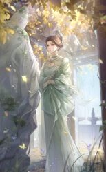 Rule 34 | 1boy, bare tree, blue sky, brown eyes, brown hair, chinese clothes, cleavage cutout, closed mouth, clothing cutout, day, earrings, eyelashes, eyeshadow, flower, full body, game cg, gloves, gold necklace, green gloves, green hanfu, green shawl, hair bun, hair ornament, hairpin, hanfu, highres, jewelry, light particles, light rays, lipstick, long sleeves, looking at object, makeup, male focus, necklace, nikki (series), official art, petals, purple eyes, purple flower, red eyeshadow, red lips, shining nikki, short hair, single hair bun, sky, solo, sparkle, standing, statue, sunlight, trap, tree, updo, wide sleeves, wishful incense (shining nikki), yueniang