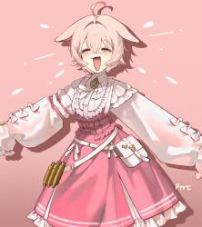 1girl absurdres ahoge animal_ears belt_pouch bow buttons closed_eyes ears_down frills high-waist_skirt highres k_hottok open_mouth phase_connect pink_background pink_skirt pipkin_pippa pipkin_pippa_(2nd_costume) pouch rabbit_ears rabbit_girl shadow shirt skirt solo virtual_youtuber white_bow white_shirt