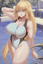1girl :d absurdres arm_up blonde_hair blue_eyes breasts bush chair collarbone cowboy_shot curvy day fate/grand_order fate_(series) groin highres jeanne_d&#039;arc_(fate) jeanne_d&#039;arc_(swimsuit_archer)_(fate) jeanne_d&#039;arc_(swimsuit_archer)_(second_ascension)_(fate) kakeku large_breasts long_hair looking_at_viewer one-piece_swimsuit open_mouth outdoors pool smile solo swimsuit tree very_long_hair wading water wet white_one-piece_swimsuit wide_hips