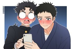 2boys black_hair blush border cellphone closed_mouth collarbone commentary crossover dandadan deviantart_username english_commentary gakuran glasses gojou_wakana highres holding holding_phone kami_high_school_uniform looking_at_phone male_focus mole mole_under_eye multiple_boys nico-neko open_mouth outside_border phone round_eyewear school_uniform short_hair sono_bisque_doll_wa_koi_wo_suru sweatdrop takakura_ken_(dandadan) teeth twitter_username upper_body upper_teeth_only white_border