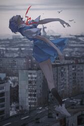 1girl absurdres ayanami_rei bird blue_hair building floating highres kneehighs li_2_cun medium_hair neck_ribbon neon_genesis_evangelion outdoors ribbon school_uniform shoes socks solo white_shoes