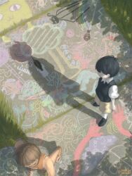 2boys absurdres antenna_hair basil_(headspace)_(omori) basil_(omori) big_yellow_cat_(omori) black_hair black_shoes black_sweater_vest brown_hair brown_shorts chalk_drawing collared_shirt dark-skinned_male dark_skin day faceless faceless_male forest_bunny_(omori) highres humphrey_(omori) kel_(faraway)_(omori) kel_(omori) male_focus mari_(faraway)_(omori) mari_(omori) minpupunkun multiple_boys omori orange_shoes outdoors pluto_(omori) shirt shoes short_sleeves shorts sidewalk socks spoilers sunny_(omori) sweater_vest sweetheart_(omori) twitter_username white_shirt white_socks