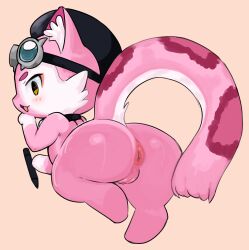 1girl absurdres animalization anus arrivedcold ass beret furry furry_female goggles goggles_on_head hat highres holding holding_stylus hololive hololive_english pink_fur pussy raora_panthera raora_panthera_(panther) solo stylus virtual_youtuber yellow_eyes