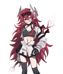 1girl aotu_world arm_ribbon black_gloves black_sports_bra black_thighhighs breasts chinese_commentary cleavage crop_top cropped_jacket eyewear_on_head feet_out_of_frame genderswap genderswap_(mtf) gloves goggles goggles_on_head grin hair_between_eyes hand_on_own_hip headgear high_collar holding holding_polearm holding_weapon jacket long_hair long_sleeves looking_at_viewer medium_breasts midriff multicolored_gloves navel open_clothes open_jacket pius_(aotu_world) pointy_ears polearm qierya red_eyes red_hair ribbon scar scar_on_face shorts simple_background smile solo sports_bra standing teeth thighhighs very_long_hair weapon white_background white_gloves white_jacket white_shorts