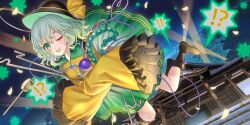 !? 1girl :q beads black_boots black_hat blush boots breasts buttons commentary diamond_button dowsing_rod english_commentary eyeball falling_petals frilled_shirt_collar frilled_sleeves frills game_cg green_eyes green_hair green_skirt hat hat_ribbon heart heart_of_string highres hishaku kippu komeiji_koishi long_hair long_sleeves looking_at_viewer myouren_temple official_art one_eye_closed outdoors petals prayer_beads ribbon searchlight shirt skirt sleeves_past_fingers sleeves_past_wrists smile solo stairs third-party_source third_eye tongue tongue_out touhou touhou_lostword wide_sleeves yellow_shirt