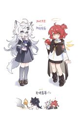 Rule 34 | !, 3girls, :q, ahoge, animal ears, apple, arknights, ascot, black hair, black leg warmers, blue eyes, chinese commentary, closed mouth, collared shirt, commentary request, detached wings, exusiai (arknights), exusiai the new covenant (arknights), fire, food, fruit, grapes, grey hair, grey socks, grey tail, hair between eyes, halo, highres, holding, holding food, holding fruit, holding torch, kaleka, kneehighs, lappland (arknights), leg warmers, long hair, long sleeves, multiple girls, one side up, ponytail, purple ascot, shirt, simple background, smile, socks, standing, tail, taking picture, texas (arknights), tongue, tongue out, torch, traditional halo, white background, white shirt, wings, wolf ears, wolf girl, wolf tail, yellow eyes, yellow halo
