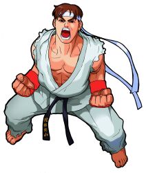 Rule 34 | 1990s (style), 1boy, absurdres, angry, barefoot, bengus, brown eyes, brown hair, clenched hands, dougi, fingerless gloves, from above, full body, game cg, gloves, headband, highres, legs apart, looking up, male focus, martial arts belt, marvel super heroes vs. street fighter, marvel vs. capcom, mma gloves, muscular, muscular male, non-web source, official art, open mouth, pectorals, retro artstyle, ryu (street fighter), simple background, solo, standing, street fighter, teeth, toes, torn clothes, torn sleeves, white background, white headband