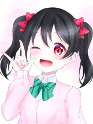 Rule 34 | 1girl, black hair, blush, bow, bowtie, cardigan, futaba2328, green bow, green bowtie, hair bow, hand up, highres, love live!, love live! school idol project, nico nico nii, one eye closed, open mouth, pink cardigan, red bow, red eyes, school uniform, standing, striped bow, striped bowtie, striped clothes, twintails, winter uniform, yazawa nico