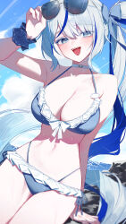 1girl adjusting_eyewear alternate_costume aokumo_rin arm_up armpits bare_shoulders bikini blue_bikini blue_eyes blue_hair blurry bow breasts choker cleavage collarbone colored_eyelashes depth_of_field eyewear_on_head frilled_bikini frills front-tie_bikini_top front-tie_top hair_bow halterneck hand_on_eyewear highleg highleg_bikini highres huhi_(huhi_1211) long_hair looking_at_viewer medium_breasts multicolored_hair navel open_mouth scrunchie side-tie_bikini_bottom side_ponytail sitting smile solo stellive stomach streaked_hair string_bikini sunglasses swimsuit thighs two-tone_hair very_long_hair virtual_youtuber wet white_choker white_eyelashes white_hair wrist_scrunchie