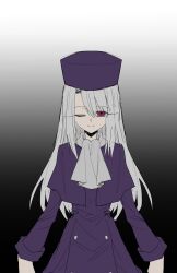 1girl dress fate/stay_night fate_(series) gloves hair_between_eyes hat highres hwachodesu illyasviel_von_einzbern long_hair looking_at_viewer one_eye_closed purple_dress purple_hat red_eyes shadow sidelocks simple_background smile solo white_gloves white_hair winter_clothes