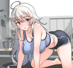 1girl absurdres ahoge all_fours blue_sports_bra blush breasts exercise_machine exercising furaggu_(frag_0416) grey_eyes grey_hair gym highres indoors kantai_collection large_breasts long_hair looking_at_viewer navel shorts smile solo sports_bra sportswear stretching sweat washington_(kancolle)