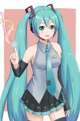 bare_shoulders black_skirt black_sleeves blue_eyes blue_hair detached_sleeves grey_shirt hair_ornament hatsune_miku headphones headset highres looking_at_viewer necktie number_tattoo shirt simple_background skirt smile tattoo thighhighs touta_(naka600) vocaloid