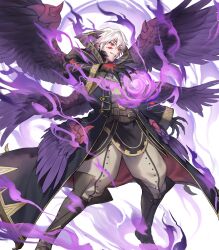Rule 34 | attack, aura, black coat, black hair, black wings, body markings, claws, coat, dark aura, energy ball, extra eyes, feathered wings, fire emblem, fire emblem awakening, fire emblem heroes, glowing markings, highres, male robin (fire emblem), male robin (grima) (fire emblem), male robin (grima) (tyrant of ruin) (fire emblem), nintendo, non-web source, official art, partial transformation, red eyes, smile, solo, white background, wings
