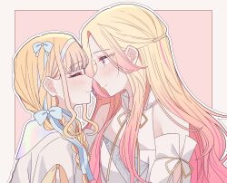 Rule 34 | 2girls, blonde hair, blue bow, blue choker, blush, border, bow, choker, closed eyes, closed mouth, commentary, dress, fang, fujita kotone, gakuen idolmaster, hair bow, highres, idolmaster, juo sena, kousaka 0v0, long hair, looking at another, multicolored hair, multiple girls, noses touching, outline, outside border, pink background, pink hair, purple eyes, shirt, simple background, skin fang, smile, streaked hair, white border, white dress, white outline, white shirt, yuri