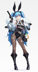 1girl a_kite_(akitee) absurdres ammunition_pouch animal_ear_hairband animal_ears ankle_boots bag bare_shoulders belt black_gloves black_necktie black_pantyhose blue_hair boots breasts cameltoe collared_leotard corset fake_animal_ears fingerless_gloves full_body gloves gun hairband handgun highres jacket leotard long_hair looking_at_viewer necktie one_side_up open_mouth original pantyhose playboy_bunny pouch red_eyes small_breasts standing stuffed_toy suppressor tachi-e tactical_clothes teeth thigh_strap torn_clothes torn_pantyhose twintails upper_teeth_only very_long_hair walkie-talkie weapon white_background