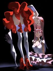 Rule 34 | 2girls, alien stage, alternate costume, bent over, bow, bow hairband, commentary, cosplay, crying, crying with eyes open, dress, dual persona, english commentary, frilled dress, frilled skirt, frills, frown, hairband, high heels, highres, kirigoe mima, kirigoe mima (cosplay), long hair, mizi (alien stage), multicolored hair, multiple girls, panties, perfect blue, pink dress, pink hair, red bow, red hairband, red panties, red shoes, red skirt, shoes, short hair, sitting, skirt, sleeveless, sleeveless dress, smile, tears, thighhighs, two-tone dress, two-tone hair, uchiha i arts, umbrella, underwear, very short hair, watermark, white dress, white thighhighs, yellow eyes