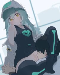 Rule 34 | 1boy, 1girl, absurdres, antonina (neural cloud), aqua hair, black hair, black tank top, black thighhighs, blush, breasts, censored, closed mouth, collarbone, full body, girls&#039; frontline, girls&#039; frontline neural cloud, hair between eyes, hat, headlock, hetero, highres, imminent cunnilingus, interlocked fingers, jacket, long hair, looking at another, mosaic censoring, off shoulder, parted lips, professor (neural cloud), ryunosuke nikaido, short hair, skull, small breasts, tank top, thighhighs, white hat, white jacket, yellow eyes