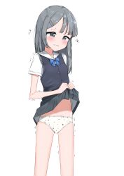 1girl absurdres blue_bow blue_bowtie blue_vest blush bow bowtie breasts clothes_lift commentary_request cowboy_shot embarrassed grey_eyes grey_hair grey_skirt hair_ornament hairclip highres lifting_own_clothes long_hair miniskirt original paid_reward_available panties parted_lips petite pleated_skirt print_panties school_uniform shirt short_sleeves simple_background skirt skirt_lift small_breasts solo star_(symbol) star_panties star_print swept_bangs tearing_up tears trembling underwear vest waistcoat wavy_eyes white_background white_panties white_shirt zagashira