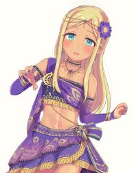 1girl :d akr_mas aqua_eyes arabian_clothes blonde_hair blush bracelet collarbone cowboy_shot dancer detached_sleeves dot_nose earrings eyelashes flat_chest flower hair_flower hair_ornament hair_over_shoulder highres idolmaster idolmaster_cinderella_girls idolmaster_cinderella_girls_starlight_stage jewelry layered_skirt layla_(idolmaster) long_hair looking_at_viewer navel necklace official_alternate_costume open_mouth parted_bangs purple_flower purple_nails purple_skirt purple_tank_top ring sidelocks skirt smile solo straight_hair tank_top