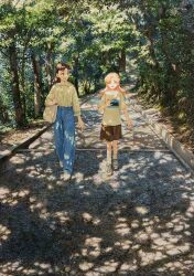 2girls bag blue_pants brown_eyes brown_shorts closed_eyes collared_shirt commentary commentary_request dappled_sunlight day denim facing_viewer full_body highres jeans long_hair long_sleeves looking_at_another marker_(medium) medium_hair multiple_girls original outdoors pants parted_bangs partial_commentary road shiratama_(hockey) shirt shoes short_sleeves shorts sneakers striped_clothes striped_shirt striped_shorts sunlight t-shirt tote_bag traditional_media tree walking white_shirt white_shoes