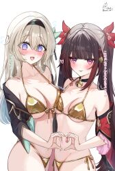 2girls @_@ absurdres bell bikini black_hair black_jacket blush breasts brown_hair collarbone commentary_request firefly_(honkai:_star_rail) flower_tattoo front-tie_bikini_top front-tie_top gold_bikini green_hair grey_hair heart heart_hands heart_hands_duo highres honkai:_star_rail honkai_(series) jacket large_breasts long_hair looking_at_viewer medium_breasts multicolored_hair multiple_girls navel neck_bell open_mouth purple_eyes ranran_3939 side-tie_bikini_bottom signature simple_background sparkle_(honkai:_star_rail) stomach swimsuit tattoo thighs tongue tongue_out translation_request twintails twitter_username two-tone_hair white_background