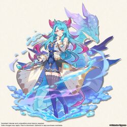 1girl aqua_hair black_leggings black_thighhighs blue_hair blue_shirt blue_tail breasts dragalia_lost dragon_girl dragon_horns dragon_tail gradient_hair horns humanoid_mercury_(dragalia_lost) jacket large_breasts leggings legs_up long_hair looking_at_viewer mercury_(dragalia_lost) multicolored_hair official_art pink_eyes pink_hair red_hair saitou_naoki shirt smile solo tail thighhighs white_jacket