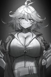Rule 34 | 1girl, absurdres, ahoge, alternate breast size, belt, breasts, bursting breasts, cleavage, closed mouth, dokibird, dokibird (bounty hunter), fang, greyscale, highres, huge breasts, indie virtual youtuber, jacket, kay yu, looking at viewer, medium hair, monochrome, open clothes, open jacket, shirt, skin fang, smile, solo, unworn eyewear, upper body, virtual youtuber