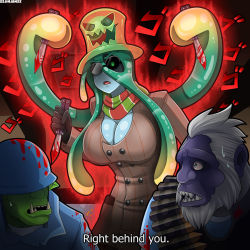 1girl 2boys blood blood_on_clothes bloody_knife colored_skin crossover fangs fur heavy_(tf2) highres holding holding_knife holding_weapon janusjan knife menacing_(jojo) monster_boy monster_girl monster_musume_no_iru_nichijou multicolored_skin multiple_boys orc sharp_teeth slime_girl soldier_(tf2) spy_(tf2) subtitled suu_(monster_musume) team_fortress_2 teeth tentacles watermark weapon white_hair