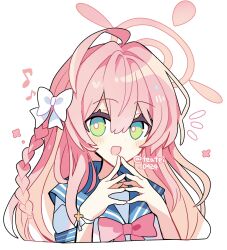 1girl :d ahoge blue_archive blue_sailor_collar blush bow bowtie commentary cropped_torso dot_nose green_eyes hair_between_eyes halo hanako_(blue_archive) highres long_hair looking_at_viewer musical_note open_mouth own_hands_together pink_bow pink_bowtie pink_hair pink_halo sailor_collar school_uniform serafuku shirocha_tei shirt short_sleeves simple_background smile solo twitter_username white_background white_shirt