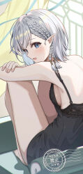 Rule 34 | 1girl, :d, absurdres, backboob, bare arms, bare legs, barefoot, beta (kage no jitsuryokusha ni naritakute!), black negligee, blue eyes, braid, breasts, from behind, grey hair, highres, kage no jitsuryokusha ni naritakute!, matsumoto yuu, medium breasts, medium hair, mole, mole under eye, open mouth, pointy ears, sitting, smile, watermark