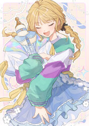 Rule 34 | 1girl, blonde hair, blue skirt, blush, braid, closed eyes, commentary, fang, frilled skirt, frills, fujita kotone, gakuen idolmaster, hair ribbon, highres, hugging object, idolmaster, jacket, long sleeves, mannequin, nami (wa98449), open mouth, ribbon, sekaiichi kawaii watashi (idolmaster), skin fang, skirt, smile, solo, symbol-only commentary, twin braids