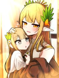 :d :o arknights bare_shoulders blunt_bangs blush brown_eyes brown_jacket chess_piece commentary_request elf flower grey_shirt hair_flower hair_ornament hand_on_another&#039;s_head highres holding jacket long_sleeves looking_at_viewer manli mole mole_under_eye mother_and_daughter muelsyse_(arknights) off_shoulder open_clothes open_jacket open_mouth pawn_(chess) pointy_ears red_eyes shirt smile sparkle upper_body white_flower