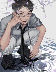 Rule 34 | 1boy, 2025, black boots, black necktie, boots, closed mouth, glasses, grey shirt, highres, male focus, necktie, original, outdoors, puddle, purple petals, rain, rei h6, shirt, solo, squatting, umbrella
