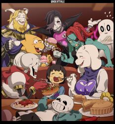 1other 3girls 4boys ^_^ alphys asgore_dreemurr black_border black_hair blonde_hair blue_skin blurry blurry_background blush blush_stickers border brown_hair burger cel_shading child closed_eyes colored_skin commentary copyright_name couch cup eating everyone eyepatch feeding flowey_(undertale) flying_sweatdrops food food_on_face frisk_(undertale) ghost gloves goat_boy goat_girl goat_horns grin happy highres holding holding_burger holding_cup holding_food holding_plate horns hot_dog ice_cream indoors kamezaemon ketchup_bottle lying mettaton multiple_boys multiple_girls napstablook on_back on_couch on_table one_eye_covered open_mouth papyrus_(undertale) pasta pie plate red_gloves red_hair robot sandwich sans_(undertale) sharp_teeth short_hair skeleton smile spaghetti sparkle steam swept_bangs table teeth toriel undertale undyne yellow_skin