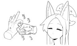 1boy 1girl anger_vein animal_ear_fluff animal_ears asahina_yoshitoshi blue_archive closed_eyes closed_mouth disembodied_hand extra_ears fox_ears greyscale halo highres long_hair monochrome penetration_gesture seia_(blue_archive) simple_background solo_focus white_background