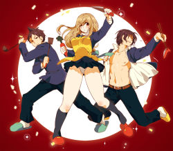 1girl 2boys belt blush breasts cameltoe carrot chopsticks doumou hosaka_(minami-ke) knife medium_breasts minami-ke minami_haruka minami_natsuki multiple_boys navel nipples open_clothes panties pantyshot salmon school_uniform smile spatula underwear white_panties